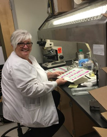 Jonette Werley completando la preparación de una bandeja de teñido 
portaobjetos para examen microscópico
