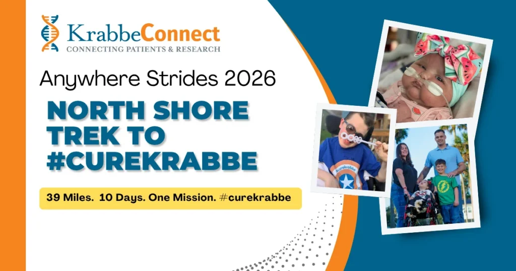 Banner for KrabbeConnect: Anywhere Strides 2026—North Shore Trek to #CureKrabbe with a photo collage on the right.