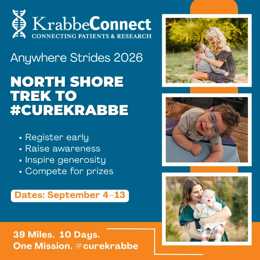 Poster promoting KrabbeConnect Anywhere Strides 2026: North Shore Trek to #CUREKRABBE, with three framed photos of families on the right and teal/orange design.