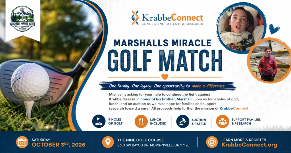 Banner for Marshalls Miracle Golf Match with a close-up golf ball on a tee, curved blue-orange graphic, KrabbeConnect logo, and two circular photos of a child patient on the right.