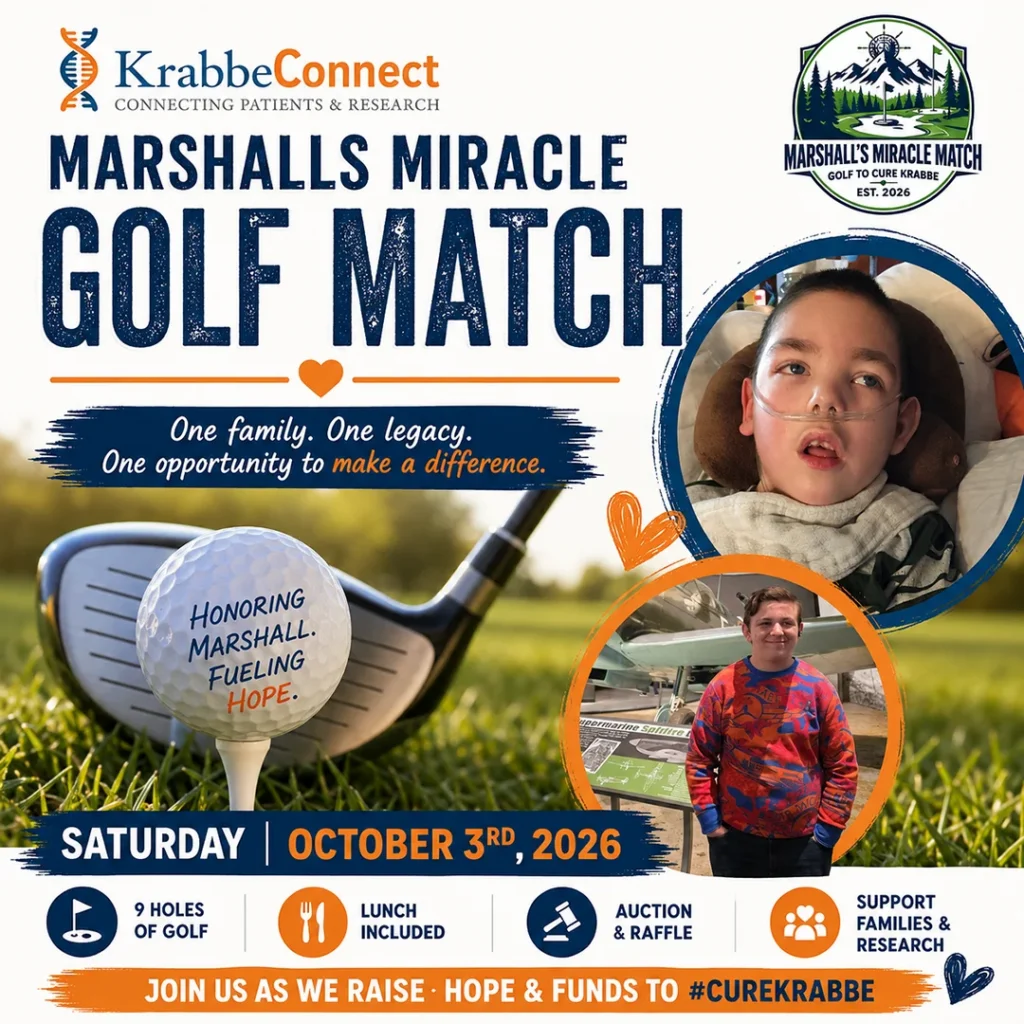 Event poster for Marshalls Miracle Golf Match fundraiser: KrabbeConnect branding, circular photos of a young patient and a man, golf ball on tee, date October 3, 2026, with event features (9 holes, lunch included, auction & raffle) and fundraising goal for Cure Krabbe.